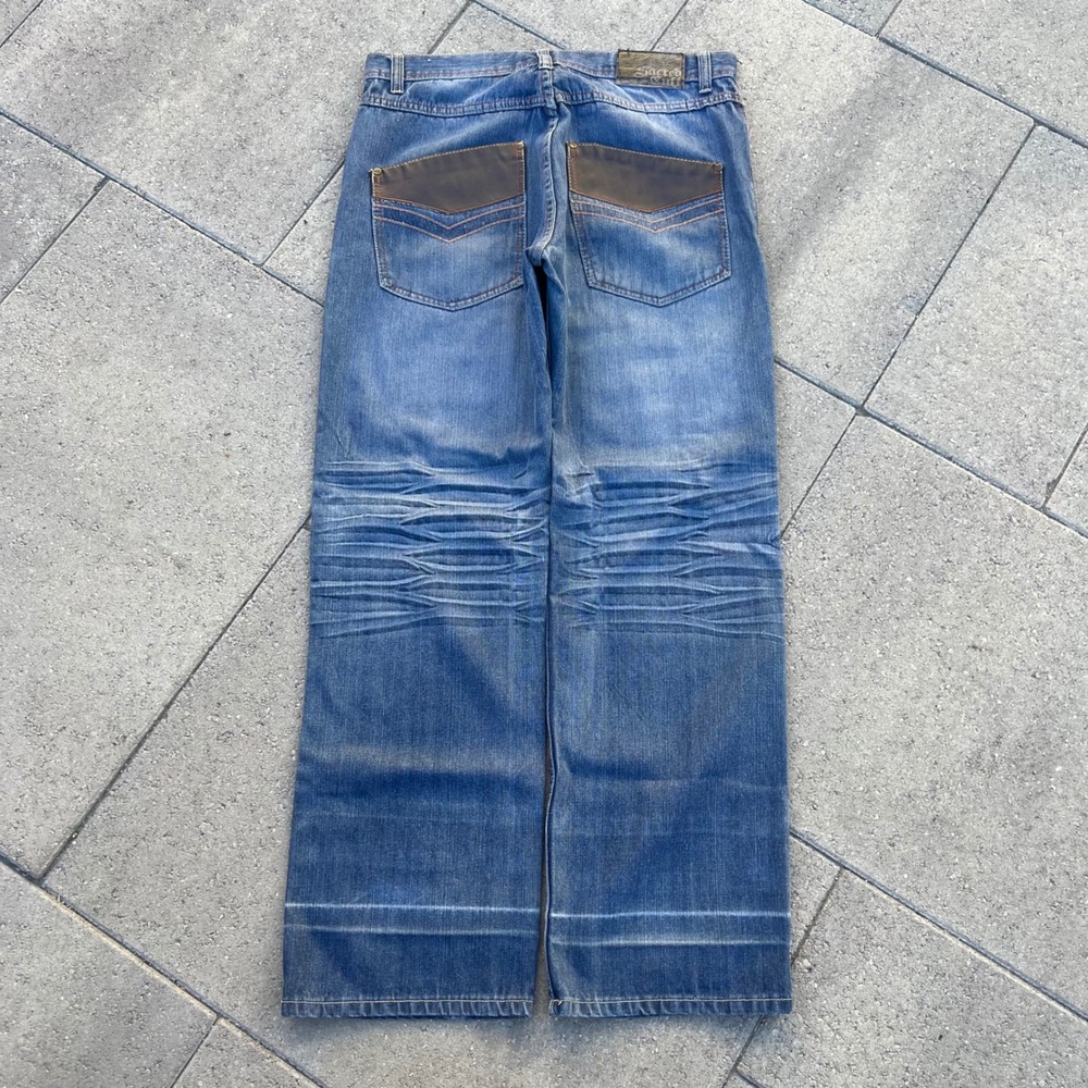 Sacred Cult Mens Wide Leg Jeans Blue Denim Faux Leather Trim Y2K 36x32